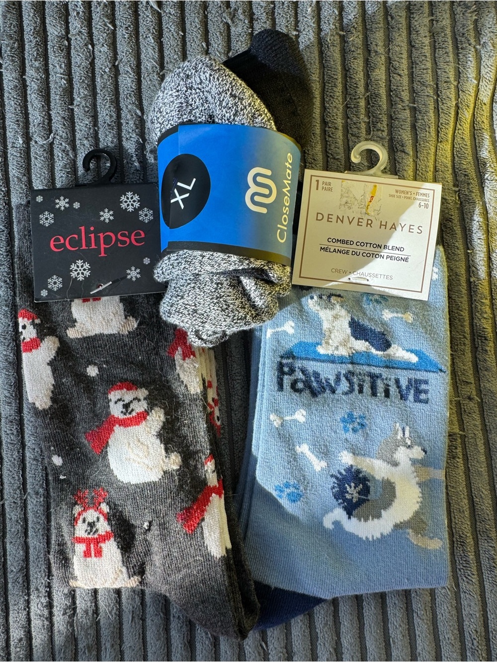 NWT Women’s Novelty Crew Socks 3 Pair Bundle Denver Hayes Eclipse CloseMate XL